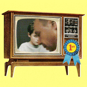 Vintage TV with a blue ribbon flipping through channels showing Abbott Elementary, The Pitt, Hacks, and Adolescence
