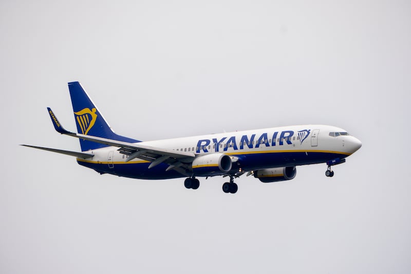 GOSSELIES, BELGIUM - JUNE 18: A Boeing 737-8AS from Ryanair coming from Dublin is landing in Brussels South Charleroi Airport on June 18, 2023 in Belgium. Ryanair is an Irish ultra low cost airline founded in 1984 headquartered in Swords, Ireland. Irish budget airline Ryanair is keen to buy slots that International Consolidated Airlines Group S.A. (IAG) may be forced to give up for its proposed acquisition of Air Europa to be approved by Europe's antitrust regulator. (Photo by Thierry Monasse/Getty Images)