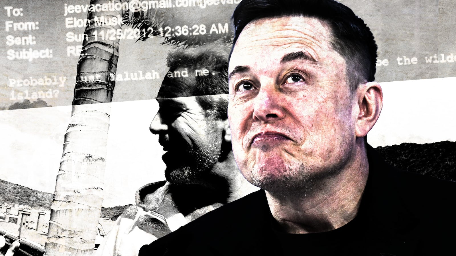 Elon Musk in front of a photo of Jeffrey Epstein and their email exchange.