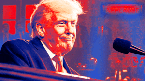 Donald Trump delivers the State of the Union address while an applause sign flashes.