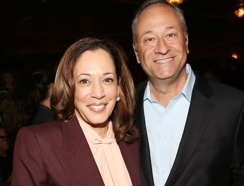 NEW YORK, NEW YORK - MAY 7: (EXCLUSIVE COVERAGE) Kamala Harris and Doug Emhoff pose backstage at "Othello" on Broadway at The Barrymore Theatre on May 7, 2025 in New York City. (Photo by Bruce Glikas/WireImage)