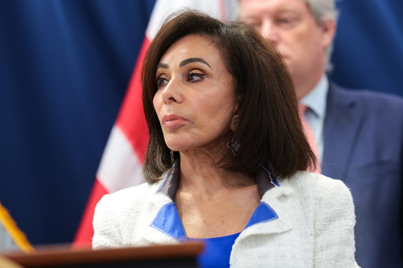 WASHINGTON, DC - JULY 02: U.S. Attorney for the District of Columbia Jeanine Pirro looks on during a press conference at the U.S. Attorney's Office for the District of Columbia on July 02, 2026 in Washington, DC. Pirro announced that former Olympic canoeist David Hearn has been indicted by a grand jury on charges related to alleged vandalism of the Lincoln Memorial Reflecting Pool. (Photo by Anna Moneymaker/Getty Images)