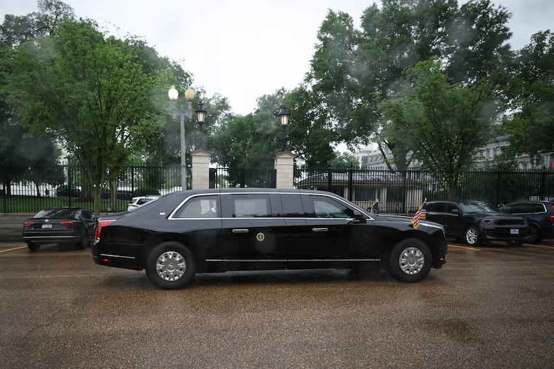 A motorcade carrying U.S. President Donald Trump departs the White House on the way to Walter Reed National Military Medical Center on May 26, 2026 in Washington, DC. Today marks the third visit to the medical facility in the last 13 months for Trump.