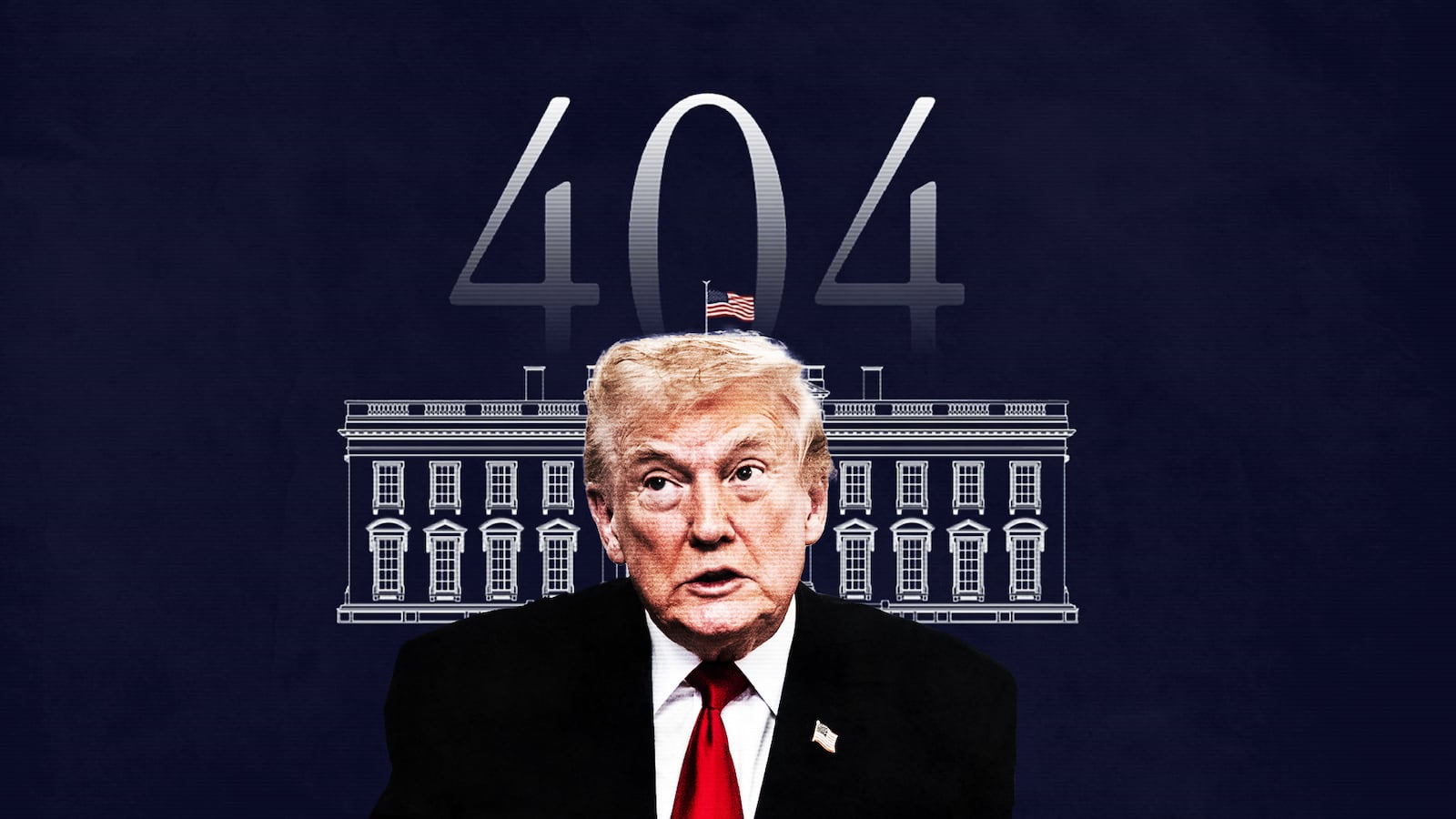 Donald Trump in front of The White House 404 error page.