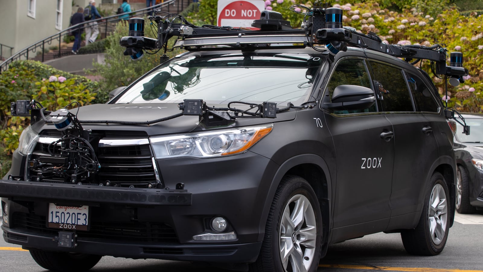 An autonomous car 'ZOOX' is seen as test drive through the Lombard Street of San Francisco.