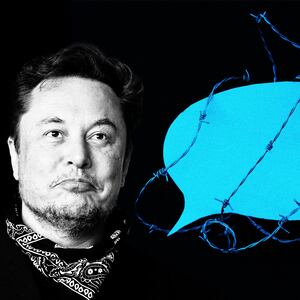An illustration including a photo of Elon Musk and a Chat Bubble layered in barbed wire