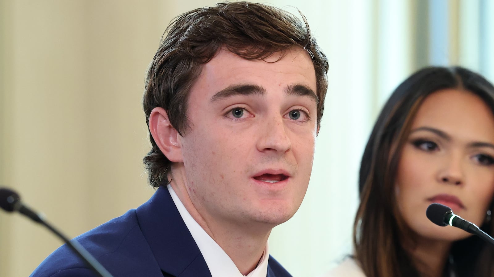 WASHINGTON, DC - OCTOBER 08: Independent journalist Nick Shirley speaks during a roundtable discussion in the State Dining Room of the White House on October 08, 2025 in Washington, DC. Trump’s administration held the roundtable to discuss the anti-fascist Antifa movement after signing an executive order designating it as a “domestic terrorist organization”. (Photo by Anna Moneymaker/Getty Images