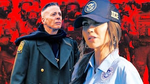 A photo illo illustration of Gregory (Greg) Bovino and Kristi Noem.