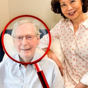 A photo illo illustration of magnifying glasses over the two hospital photos released by Sen. Mitch McConnell's team.