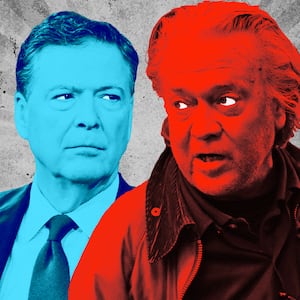 A photo illustration of James Comey and Steve Bannon.