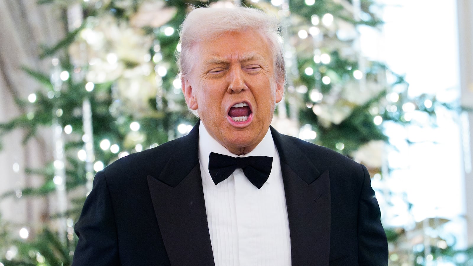 President Donald Trump speaks at the State Department Kennedy Center Honors medal presentation dinner at the U.S. Department of State on December 06, 2025 in Washington, DC.