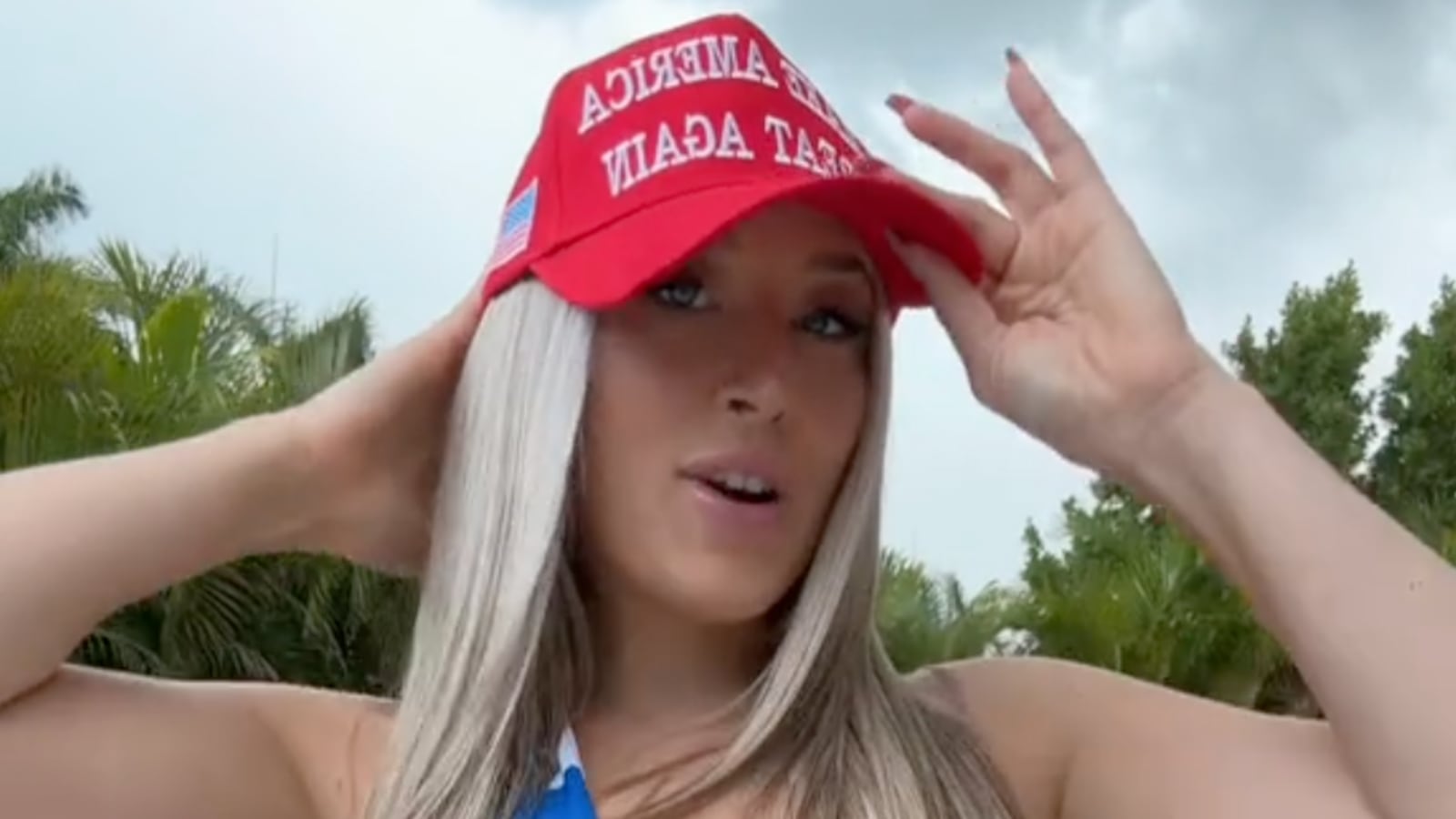 Onlyfans model Samantha Gangewere sports a Make America Great Again hat.