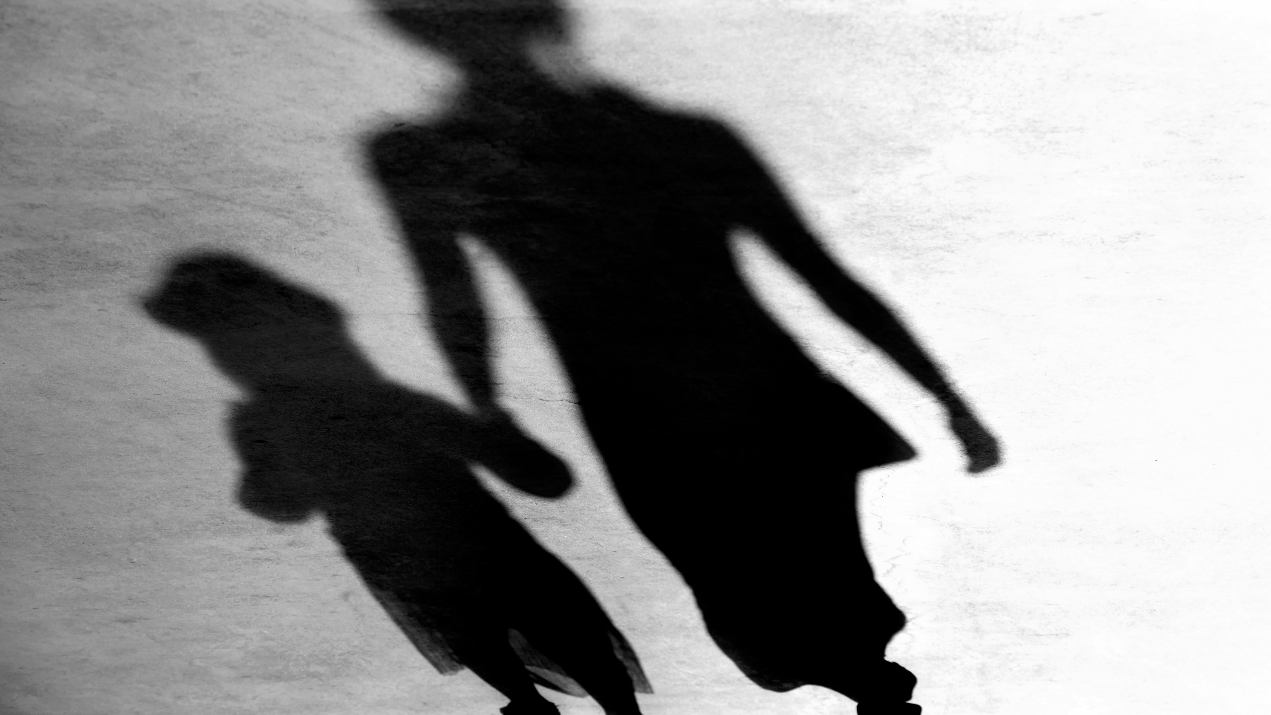 A photo of a shadow of a mother walking with a child.