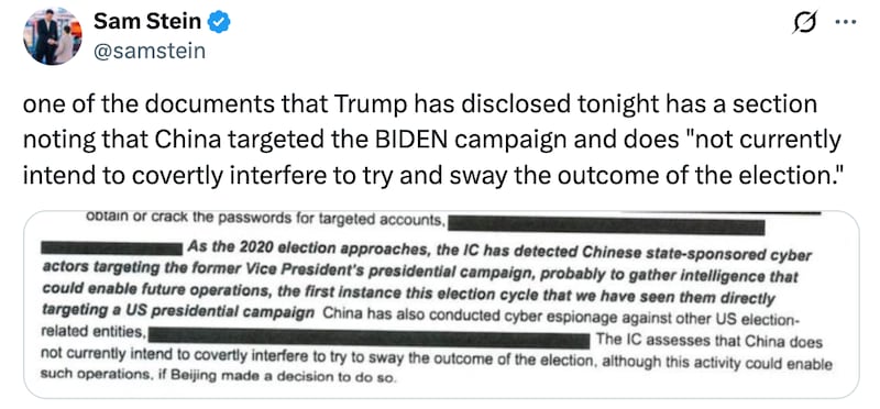 Sam Stein X post about Trump's declassified election documents