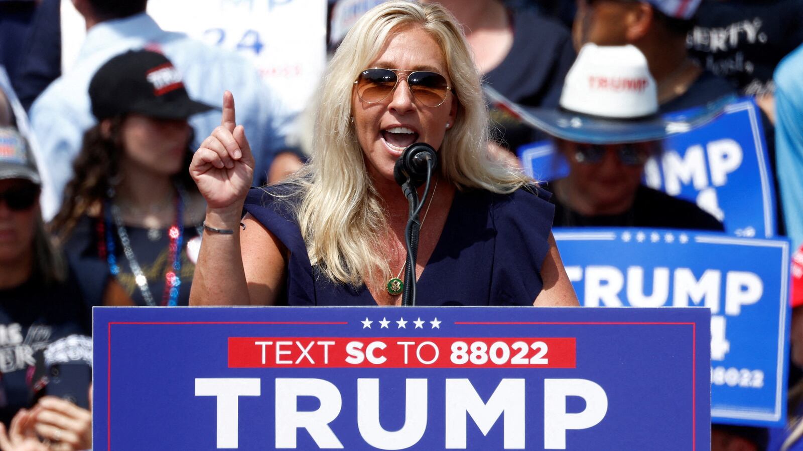U.S. Representative Marjorie Taylor Greene (R-GA) speaks on the day of former U.S. President Donald Trump's \"Make America Great Again\" rally in Pickens, South Carolina, U.S., July 1, 2023.