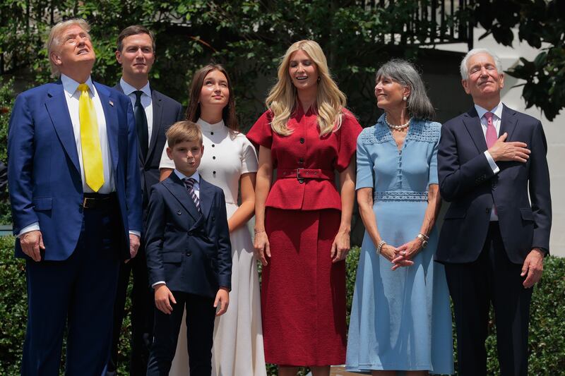 President Donald Trump, Jared Kushner, his children Arabella and Theodore, Ivanka Trump, Seryl Kushner and U.S. Ambassador to France Charles Kushner attend a flag-raising ceremony on a newly installed pole on the South Lawn of the White House on June 18, 2025 in Washington, DC.