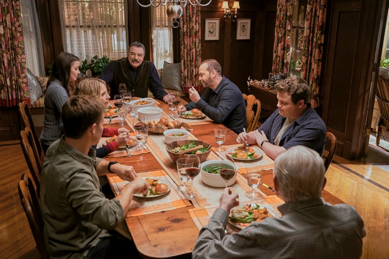 "Blue Bloods": Will Estes as Jamie Reagan, Vanessa Ray as Officer Eddie Janko, Bridget Moynahan as Erin Reagan, Tom Selleck as Frank Reagan, Donnie Wahlberg as Danny Reagan, Andrew Terraciano as Sean Reagan, and Len Cariou as Henry Reagan