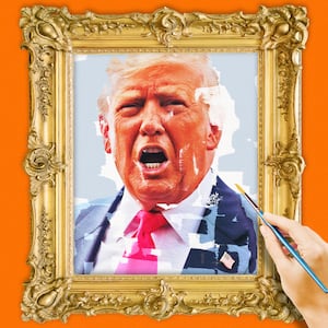A painting of a portrait of Donald Trump yelling.