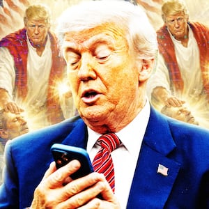 A photo illustration of Donald Trump and the AI generated image he shared on TruthSocial of Donald Trump as Jesus.