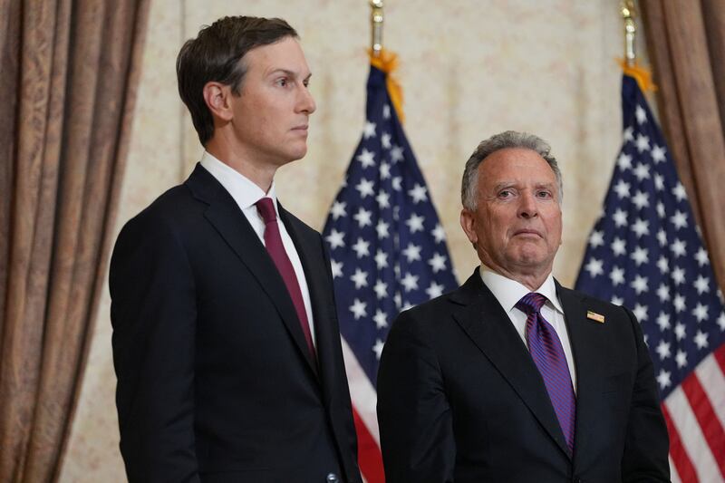 Jared Kushner and Steve Witkoff, Special Envoy for Peace Missions listen as Vice President JD Vance speaks during a news conference after meeting with representatives from Pakistan and Iran, Sunday, April 12, 2026, in Islamabad, Pakistan.