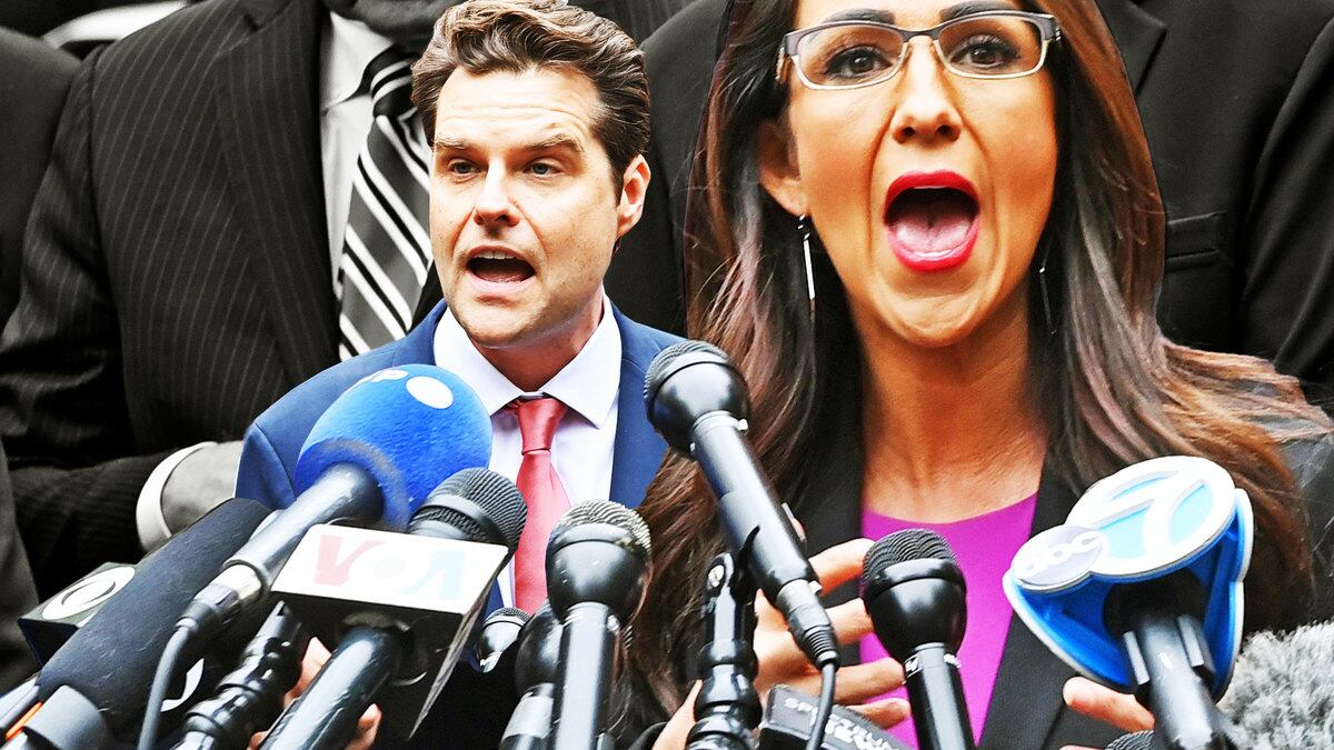 A photo illustration of Matt Gaetz and Lauren Boebert speaking outside of the Trump trial.
