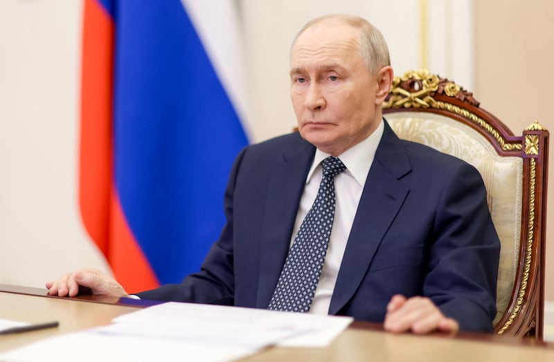 In this pool photograph distributed by the Russian state agency Sputnik, Russia's President Vladimir Putin chairs a meeting with members of the government via videoconference in Moscow on July 8, 2026. (Photo by Gavriil Grigorov / POOL / AFP via Getty Images)