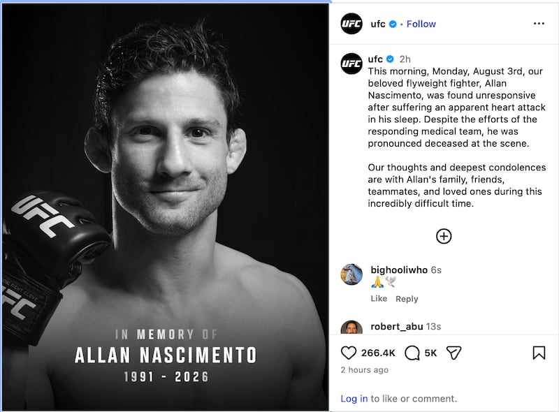 The UFC announced Nascimento's Monday morning death in a social media post.