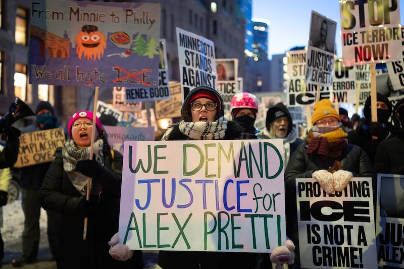Demonstrators protested against Immigration and Customs Enforcement operations in Minnesota in the aftermath of the killings of Alex Pretti and Renee Nicole Good by federal law enforcement.