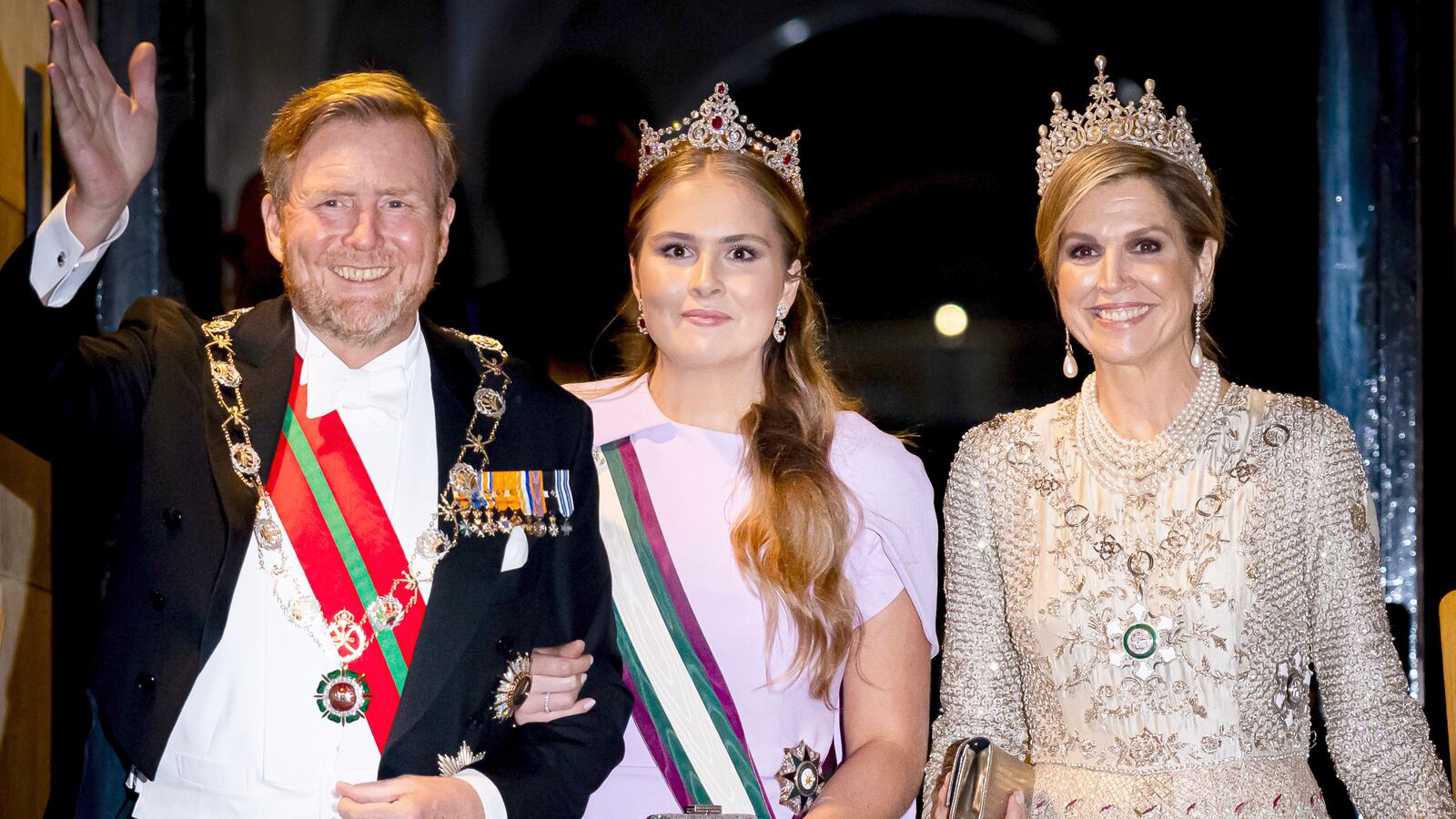 King Willem-Alexander of The Netherlands, Princess Amalia of The Netherlands and Queen Maxima of The Netherlands attend a state banquet for Sultan Haitham bin Tarik at the Royal Palace at the start of the Sultan's state visit on April 15, 2025 in Amsterdam, Netherlands.