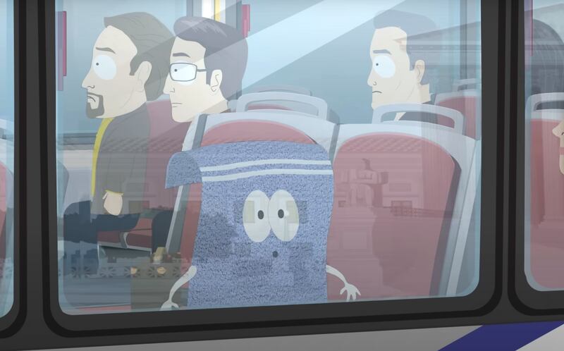 South Park, Towelie arriving in Washington D.C. by bus