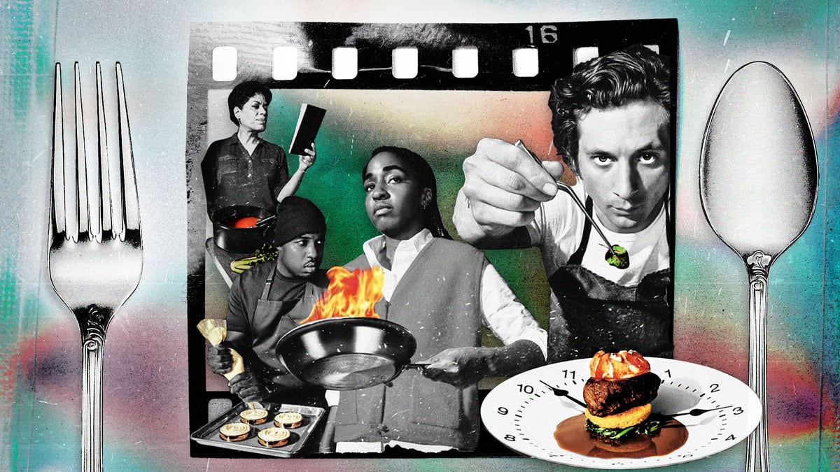 A photo illustration including images of Liza Colón-Zayas as Tina, Ayo Edebiri as Sydney, Lional Boyce as Marcus, and Jeremy Allen White as Carmy on the show The Bear on the platform Hulu.