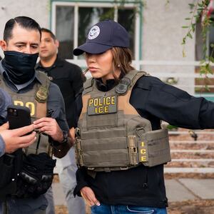 US Homeland Security Secretary Kristi Noem joins ICE operation as she accompanies numerous federal agents raid in Huntington Park, in Los Angeles, California on June 12, 2025.