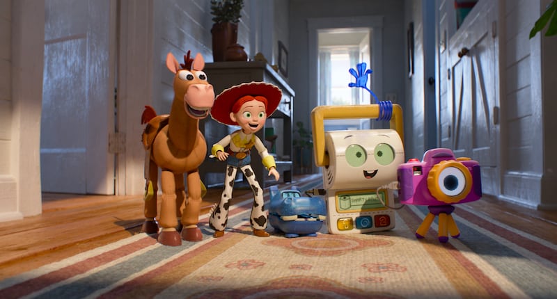 (L-R) Bullseye, Jessie, Atlas, Smarty Pants, and Snappy in Toy Story 5.