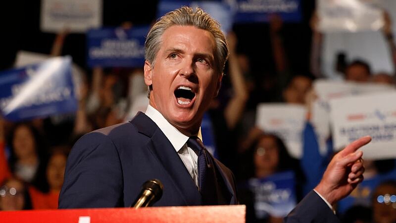 California Governor Gavin Newsom speaks about the “Election Rigging Response Act” at a press conference at the Democracy Center, Japanese American National Museum on August 14, 2025 in Los Angeles, California.
