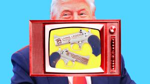 A photo illustration of Donald Trump and the DT47 Trump Gun from Bond Arms on a television set.