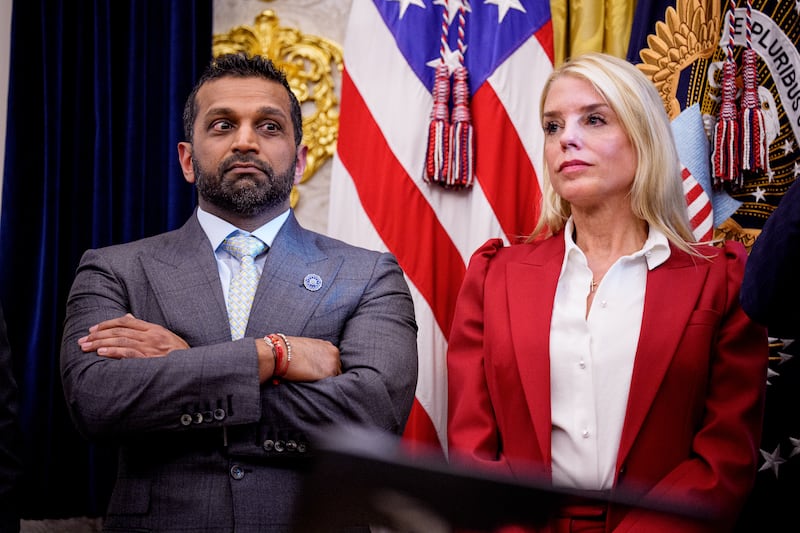 FBI Director Kash Patel and U.S. Attorney General Pam Bondi in the Oval Office of the White House on September 25, 2025 in Washington, D.C..