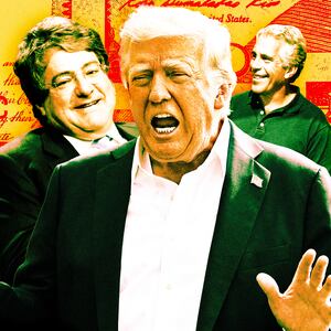 A photo illustration of Leon Black, President Donald Trump, and Jeffrey Epstein, on a background of red and yellow hundred dollar bills.