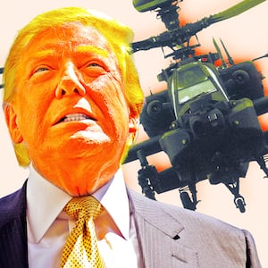 A photo illustration illo of Donald Trump and an Apache AH-64 helicopter.
