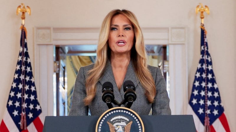 U.S. first lady Melania Trump delivers remarks regarding the late financier and convicted sex offender Jeffrey Epstein from the Grand Foyer of the White House in Washington, D.C., U.S., April 9, 2026. REUTERS/Evan Vucci