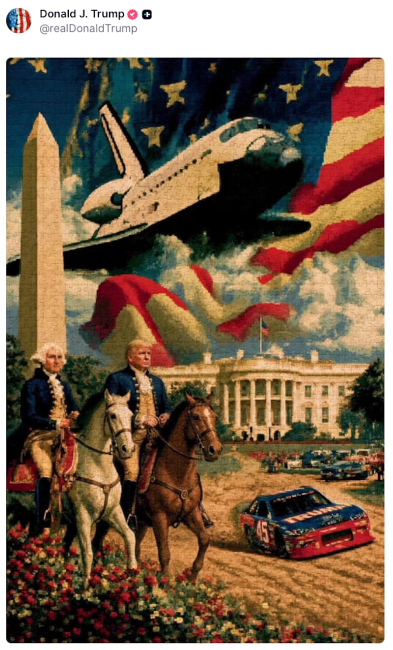 AI art depicting Trump and George Washington on horseback alongside a NASCAR race. Behind them is the White House and Washington monument.