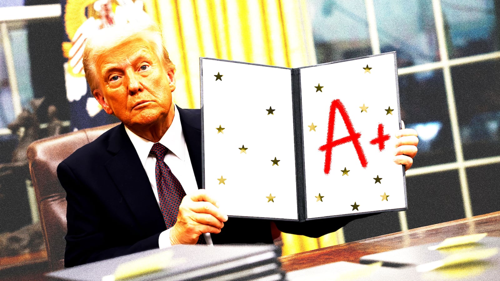 Donald Trump holding up a bifold paper with "A+" and gold stars on it