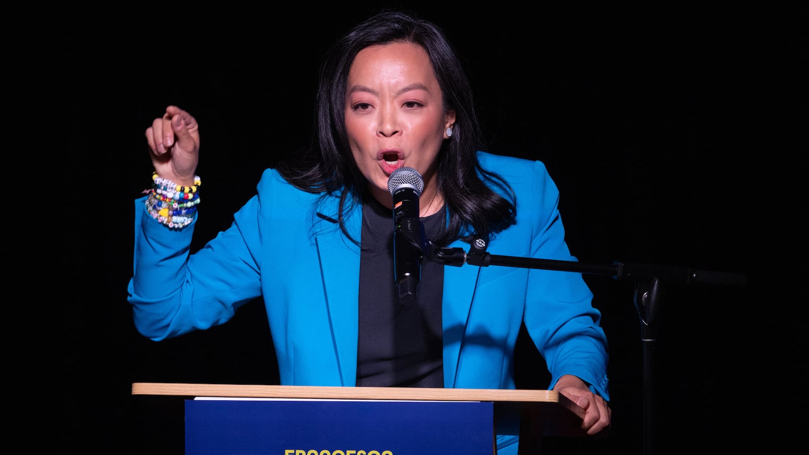 MADISON, WISCONSIN - AUGUST 11: Wisconsin Democratic gubernatorial candidate Francesca Hong speaks to supporters during an election-night party on August 11, 2026 in Madison, Wisconsin. Recent polling had Hong with a substantial lead over her nearest Democratic rival David Crowley, but returns have shown a tight race throughout the evening with the two candidates trading slight leads. (Photo by Scott Olson/Getty Images)