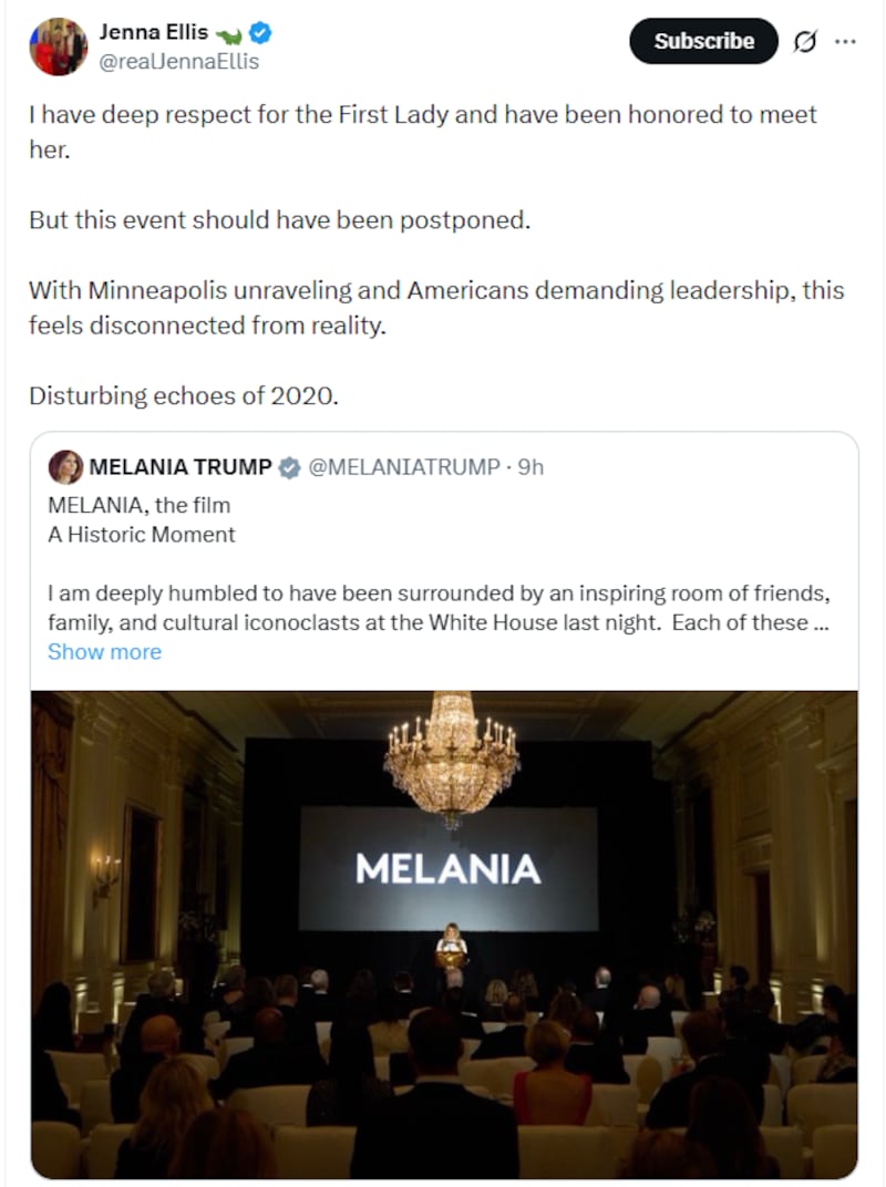 Jenna Ellis post on Melania premiere.