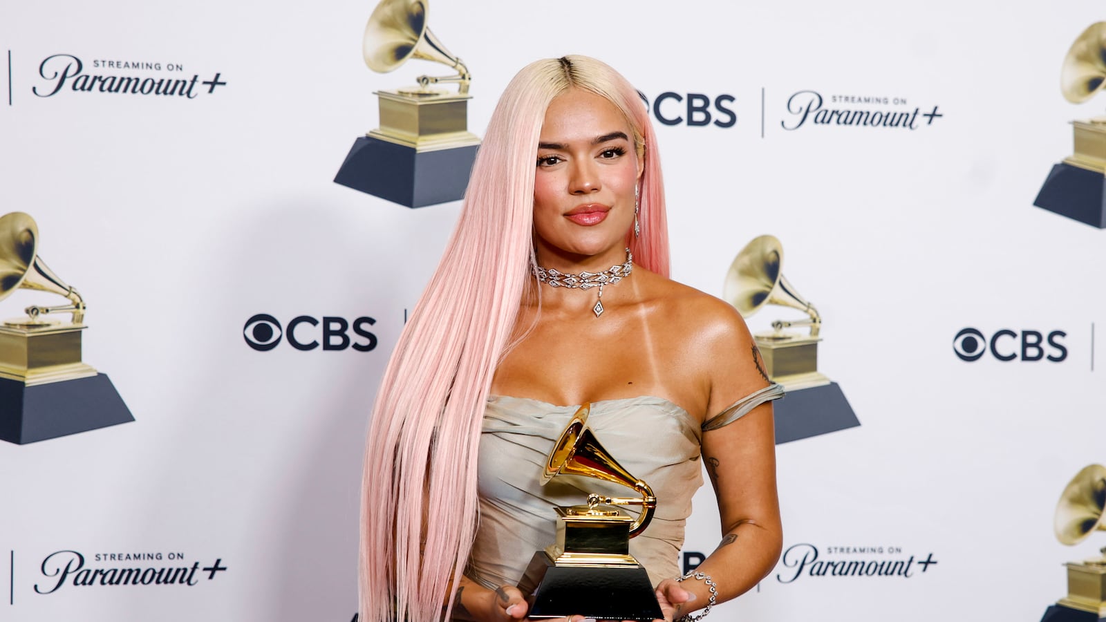 Winner Karol G with trophy at the 66th Grammy Award in Los Angeles, CA, Sunday, Feb. 4, 2024.