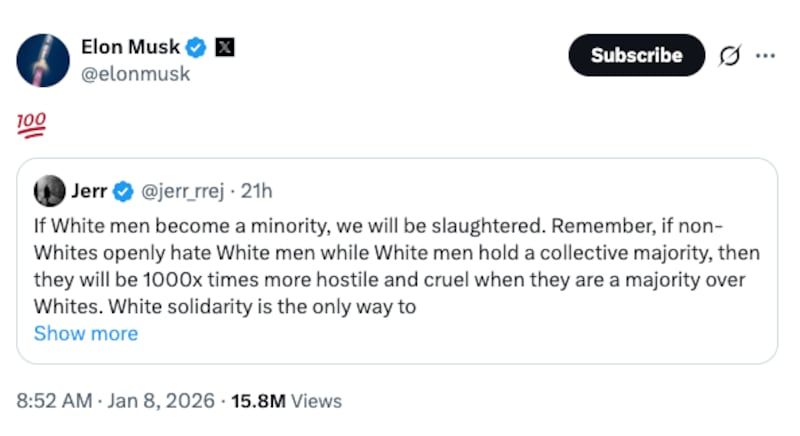 Elon Musk agrees "100" with a white solidarity post.