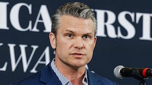 Secretary of War Pete Hegseth speaks on stage during an America First Workers Special Event on May 18, 2026 in Hebron, Kentucky. Hegseth, who came to support Ed Gallrein, Republican congressional candidate for Kentucky, for a campaign event held one day before Kentucky's Primary Election, where Trump-endorsed Gallrein is running against incumbent Thomas Massie.