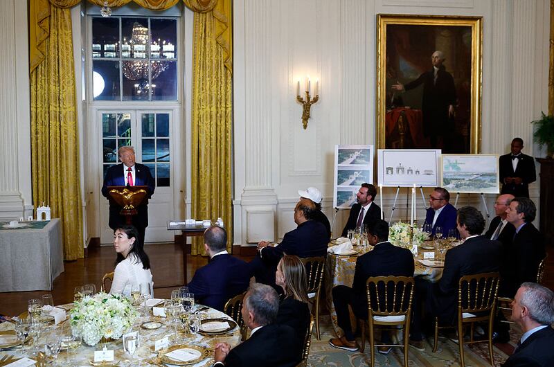 WASHINGTON, DC - OCTOBER 15: U.S. President Donald Trump delivers remarks during a ballroom fundraising dinner in the East Room of the White House on October 15, 2025 in Washington, DC. Trump hosted organizations and individuals for a fundraising dinner for the new $250 million ballroom addition currently under construction at the White House. (Photo by Kevin Dietsch/Getty Images)