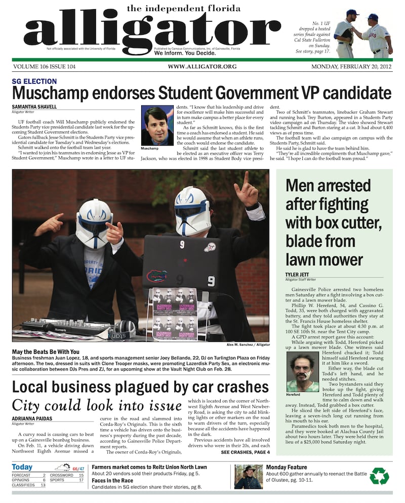 The student newspaper cover that Katie Miller desperately fought to conceal. The endorsement from Muschamp was for a rival candidate in student government.
