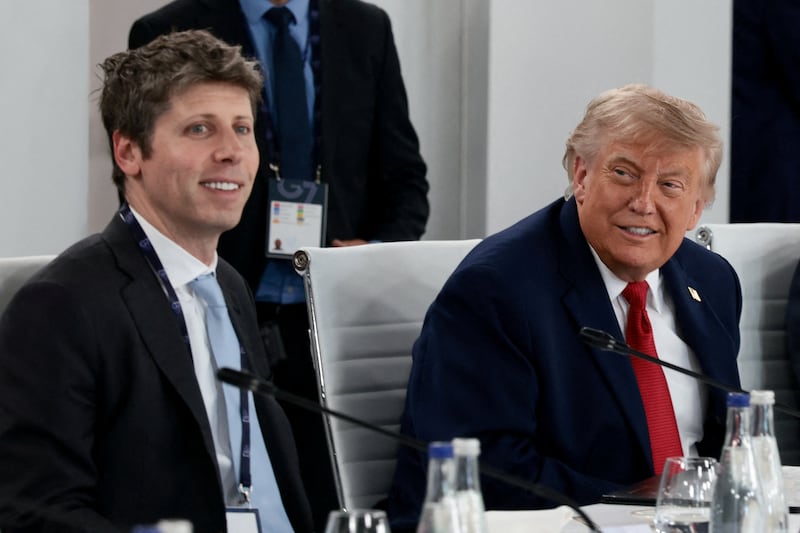 U.S. President Donald Trump and OpenAI CEO Sam Altman attend a working lunch with G7 leaders, G7 outreach partners and global tech CEOs on innovation and AI during the G7 Summit in Evian-les-Bains, France, June 17, 2026.REUTERS/Evelyn Hockstein REFILE - ADDING INFORMATION