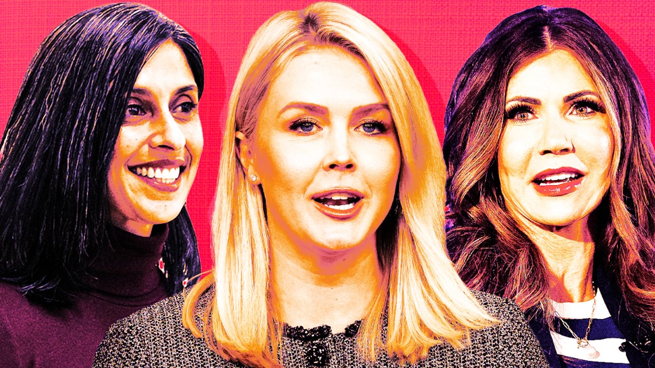 A photo illustration of Usha Vance, Kristi Noem, and Karoline Leavitt.